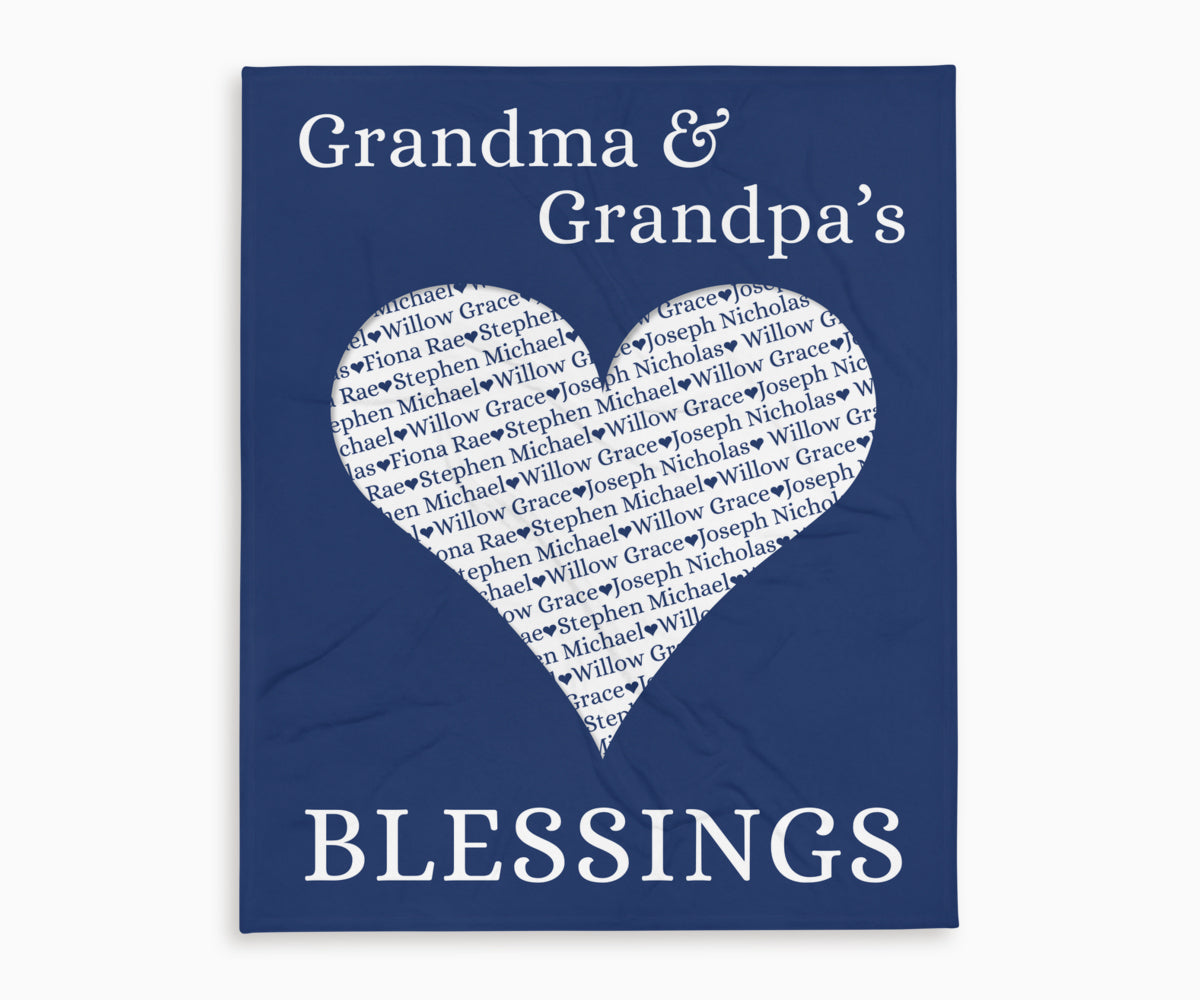 Grandma and Grandpas Blessings Keepsake Blanket with Grandchildrens Names in dark blue