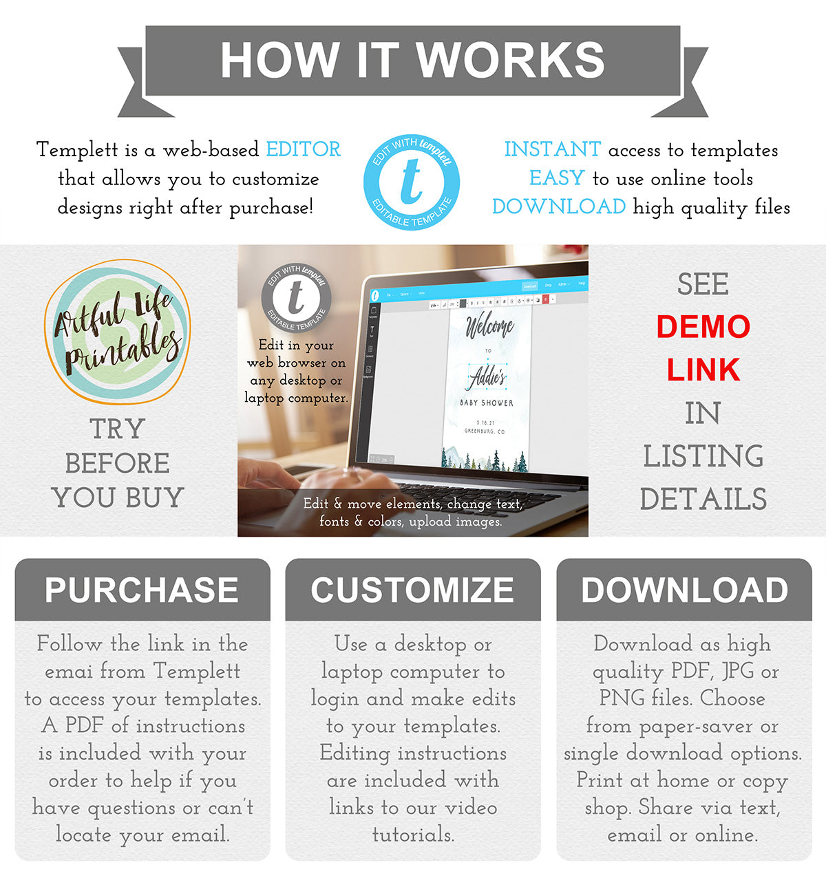 How It Works editing templates from Artful Life Designs using templett web-based editor - Purchase, customize and download your template files for printing or sharing.