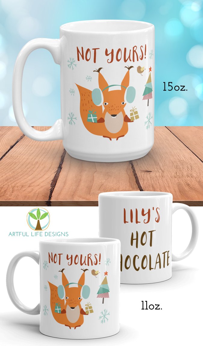 Personalized Hot Chocolate Mugs, Squirrel Holiday Ceramic Mugs