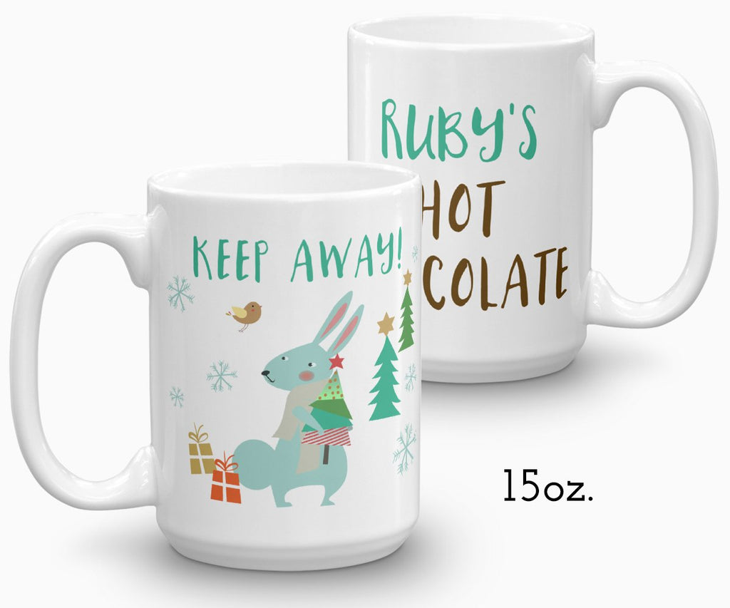 Personalized hot chocolate mug, rabbit holiday mug, 15 oz