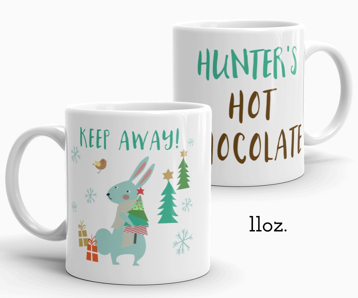 Personalized hot chocolate mug, rabbit holiday mug, 11 oz