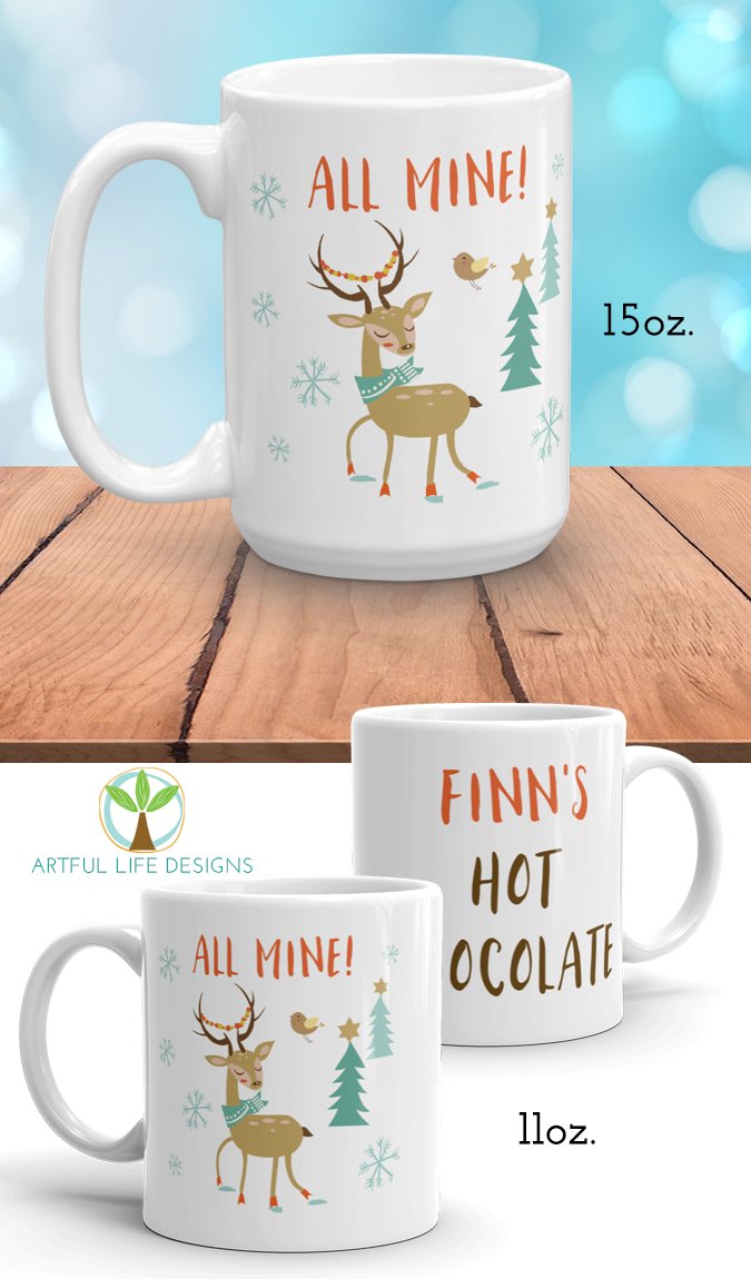 Reindeer hot chocolate mugs, personalized holiday mugs