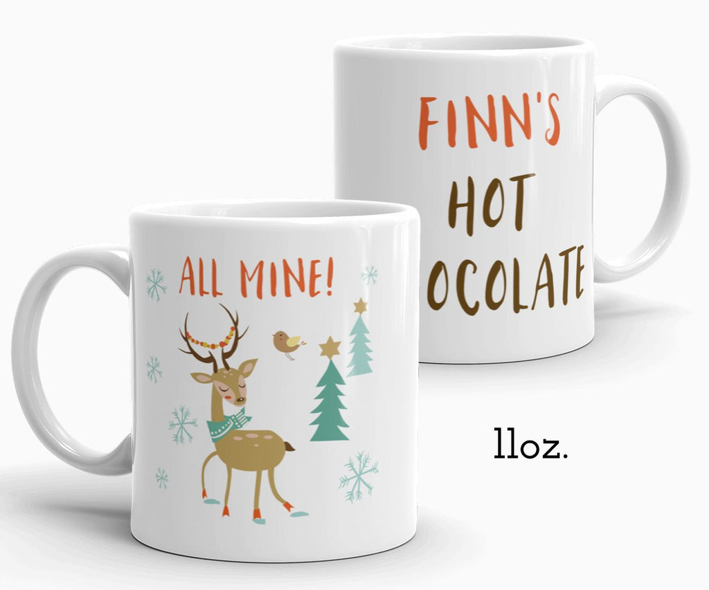 Reindeer hot chocolate mug, personalized holiday mug 11 oz