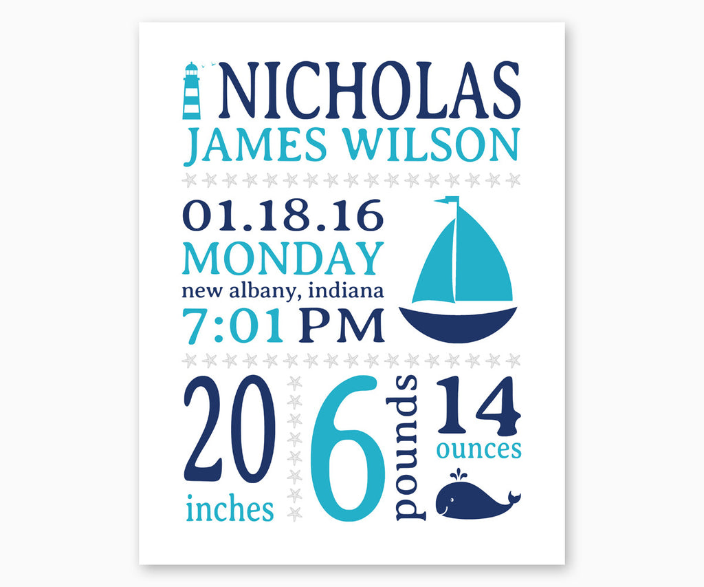 Nautical Baby Birth Announcement Nursery Wall Art, Blue and Turquoise