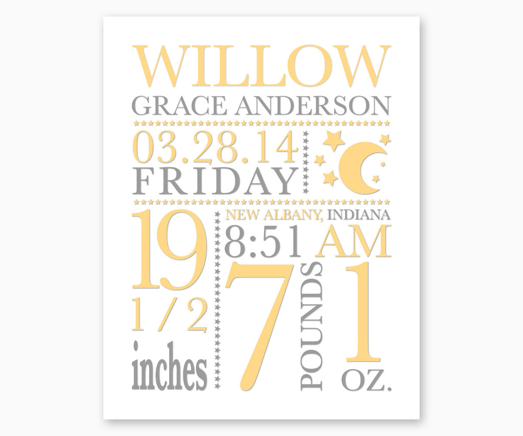 Moon and Stars Baby Birth Annoucement Nursery Wall Art, Yellow & Gray