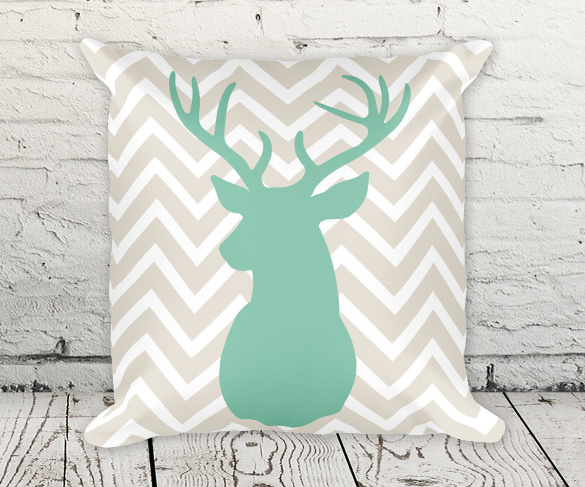 Deer Buck Head chevron pillow in green and taupe smooth finish
