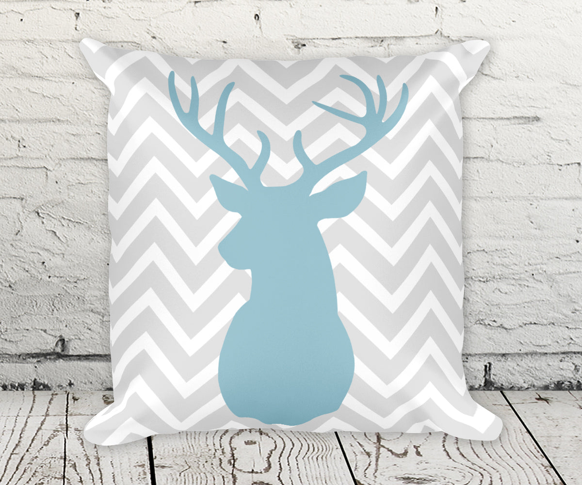 Deer Buck Head chevron pillow in blue and gray smooth finish