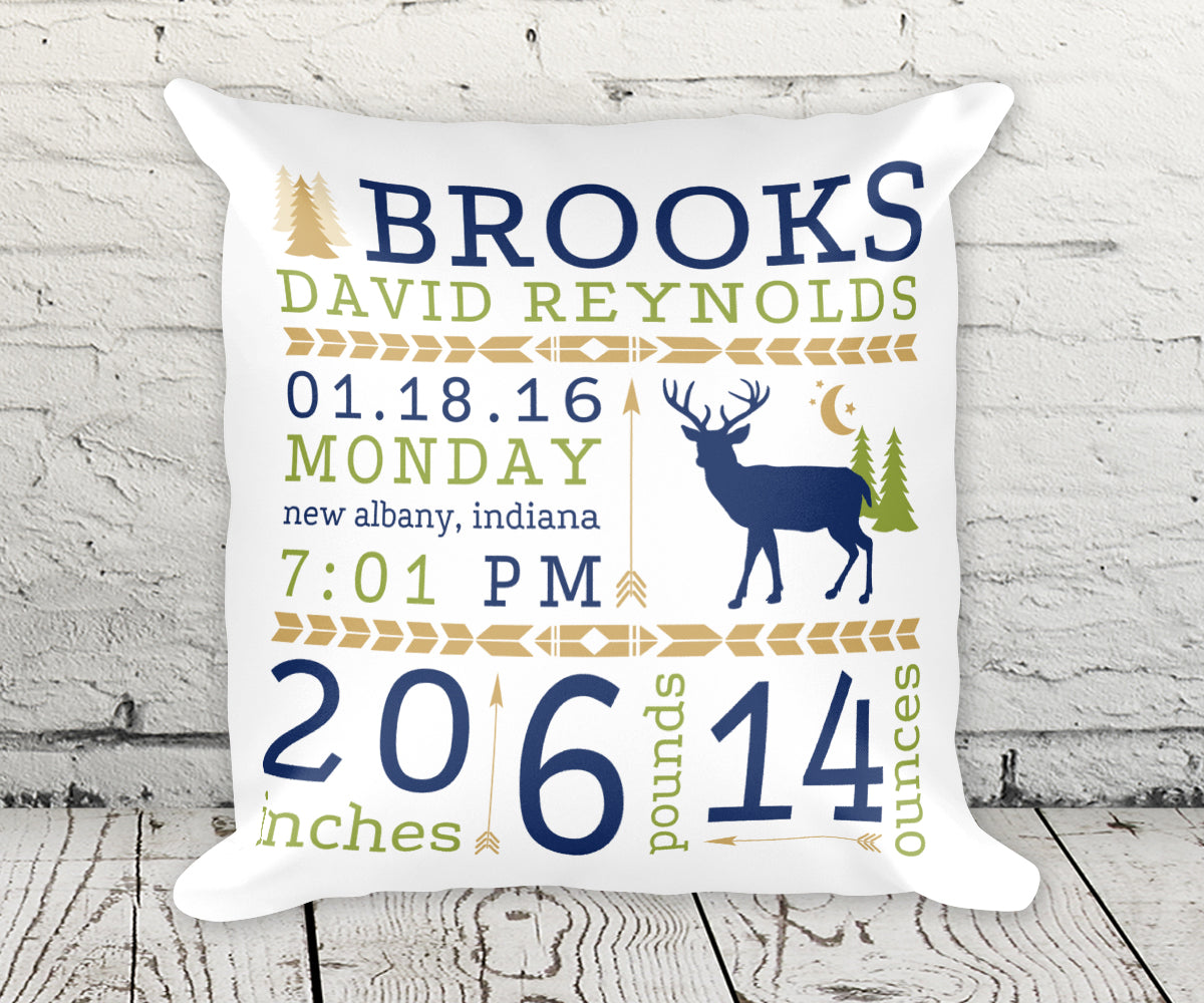 Deer Woodlands Rustic Birth Stats Birth Announcement Pillow