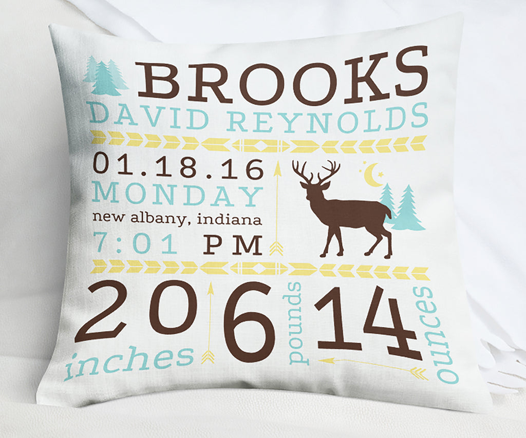 Deer Woodlands Rustic Birth Stats Birth Announcement Pillow Brown, blue, yellow