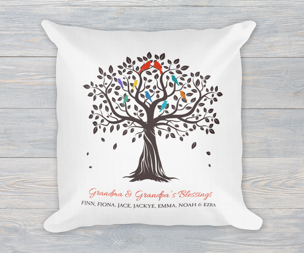 Grandkids family tree pillow with names, linen finish, gift for grandma and grandpa