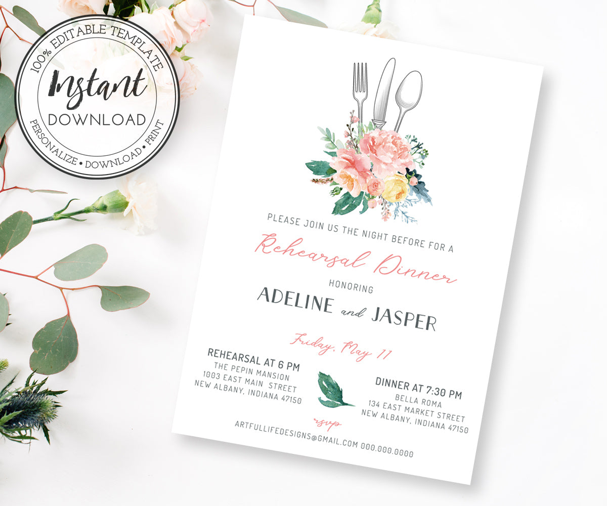 Floral Wedding Rehearsal Dinner Invitation Template 5 x 7