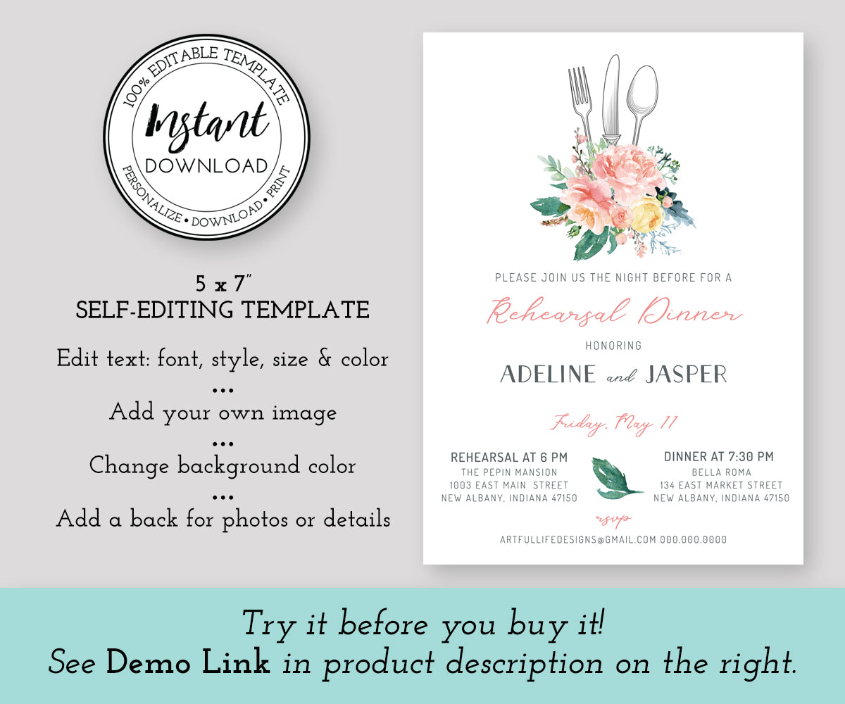 Wedding rehearsal dinner 5 x 7 inch invitation with knife, fork, spoon in pink floral bouquet