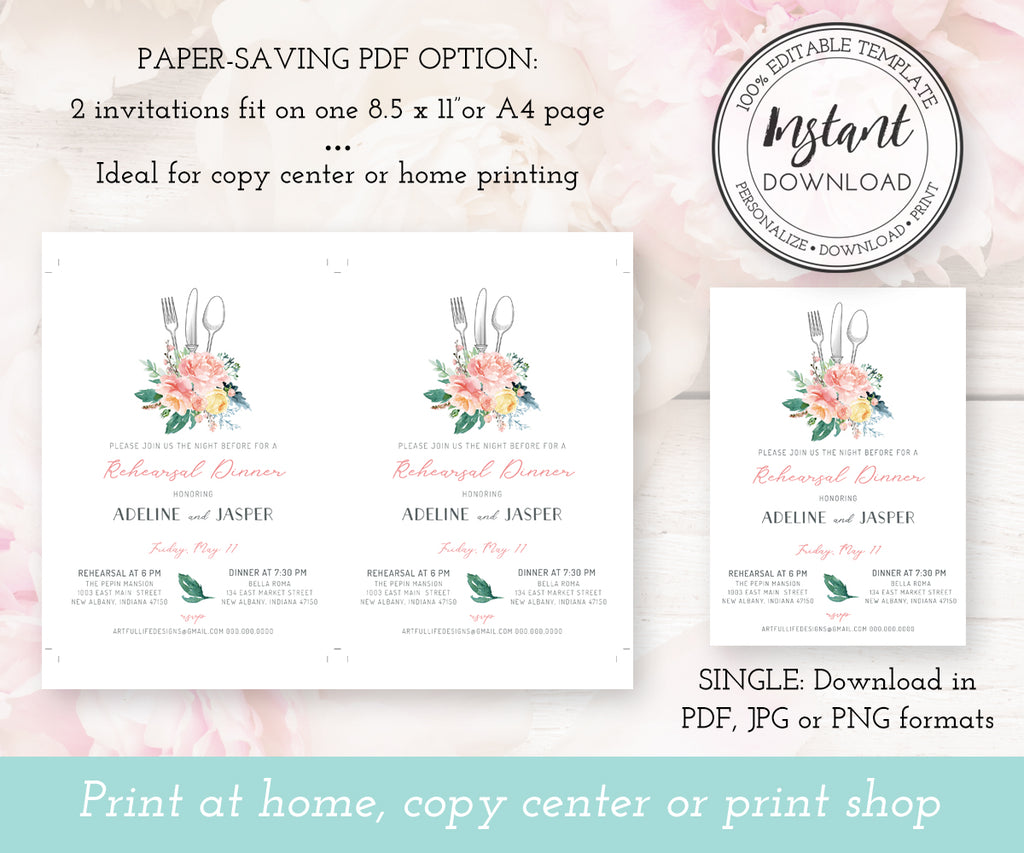 Floral Wedding Rehearsal Dinner Invitation Template, Download Options