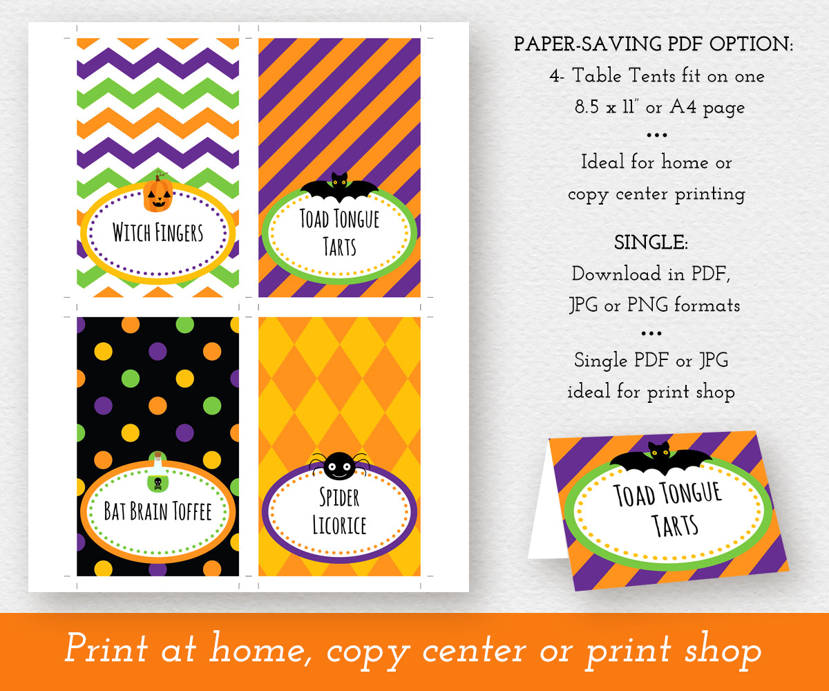 Halloween buffet table tent cards, paper saving option to print 4 on one page