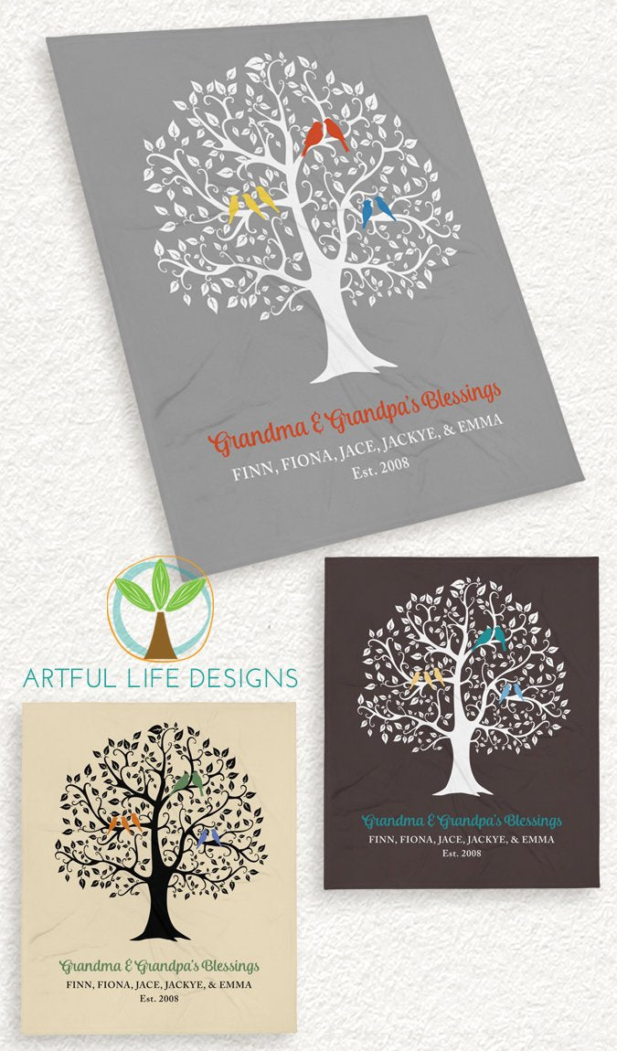 Grandparent Blanket personalized family tree with grandkids names Artful Life Designs