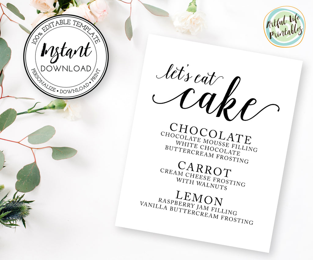 lets eat cake, cake flavor sign, cake table sign template