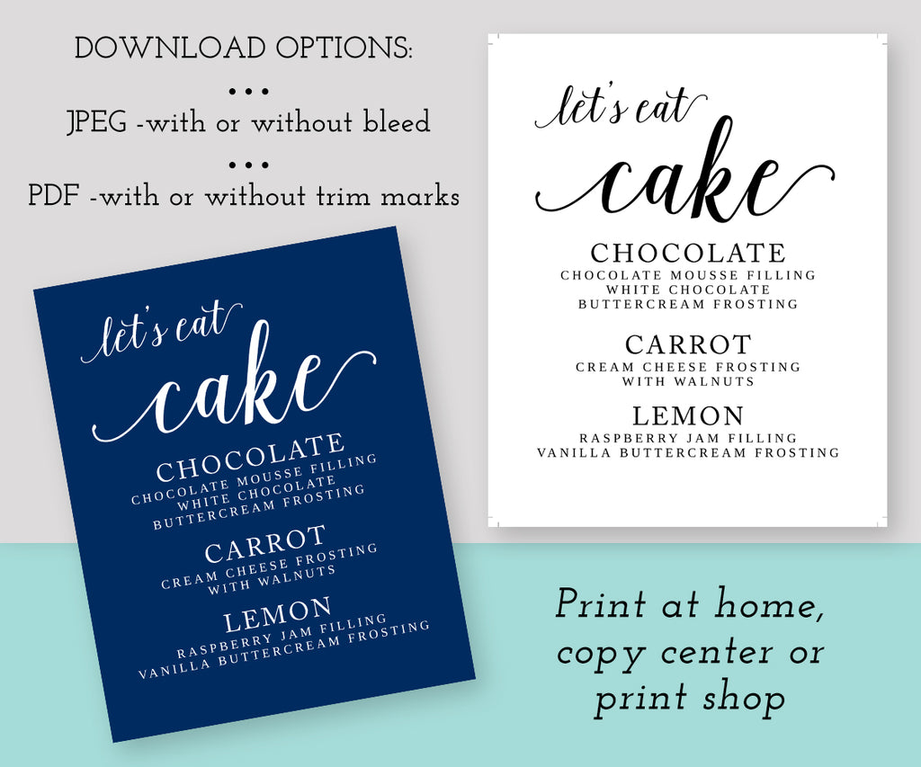 lets eat cake, cake flavor sign, cake table sign template