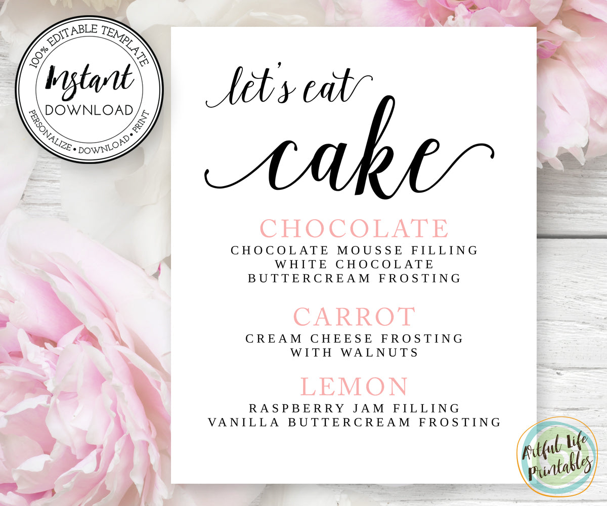 lets eat cake, cake flavor sign, cake table sign template