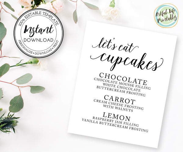 lets eat cupcakes, cupcake flavor sign template
