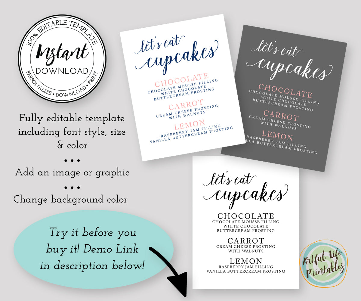 lets eat cupcakes, cupcake flavor sign template