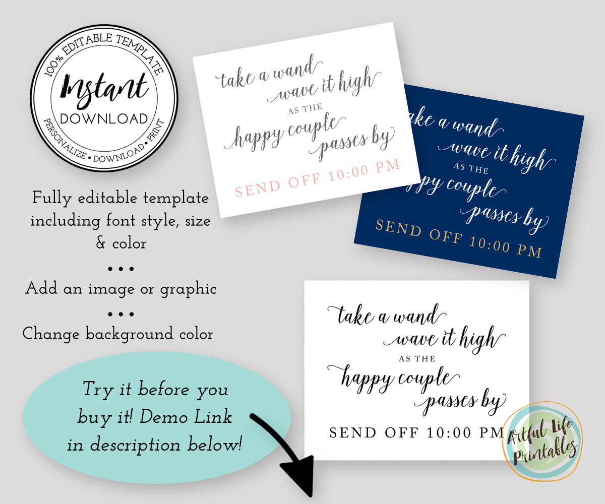 ribbon wands couples send off, wedding wands sign template