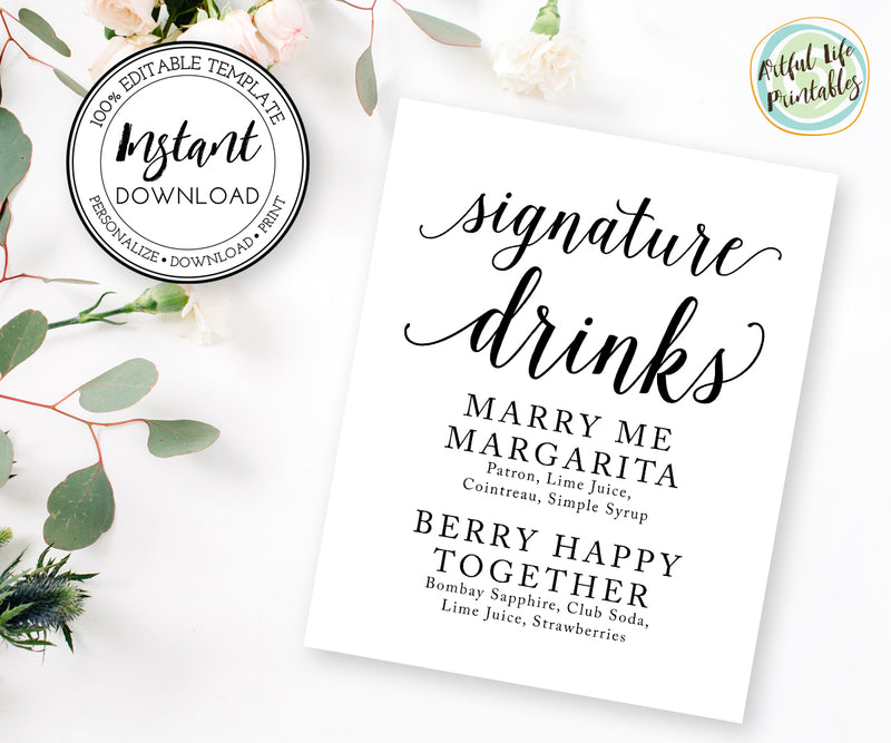 Editable Signature Drink Sign, Wedding Cocktail Sign Template, Wedding ...