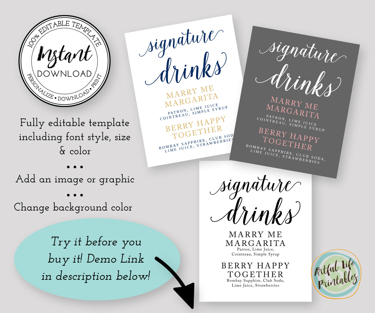 Editable Signature Drink Sign, Wedding Cocktail Sign Template, Wedding - Artful Life Designs editable-signature-drink-sign-wedding-cocktail-sign-template-wedding-artful-life-designs