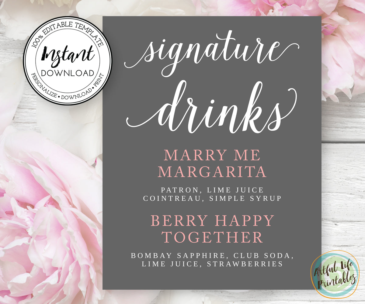 Signature Drinks Bar sign template, Wedding Bar sign printable