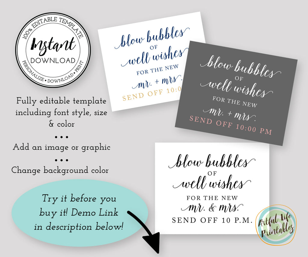 bubbles wedding send off sign template