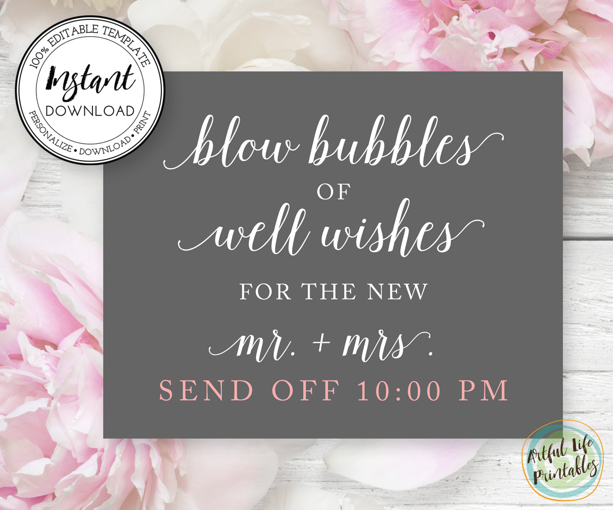 blow bubbles of well wishes wedding send off sign template