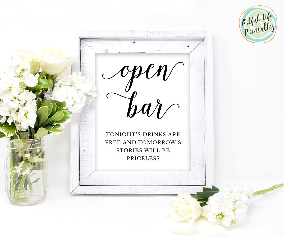 Open Bar Sign, Open Bar Wedding Sign Printable - Artful Life Designs