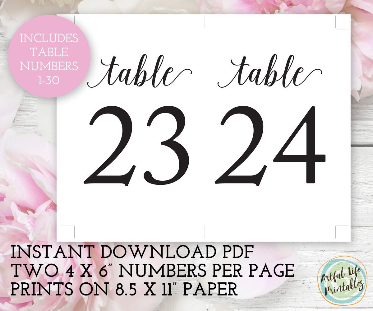 Wedding Table Numbers Printable, Table Numbers 1-30 - Artful Life Designs for Free Printable Numbers 1 30