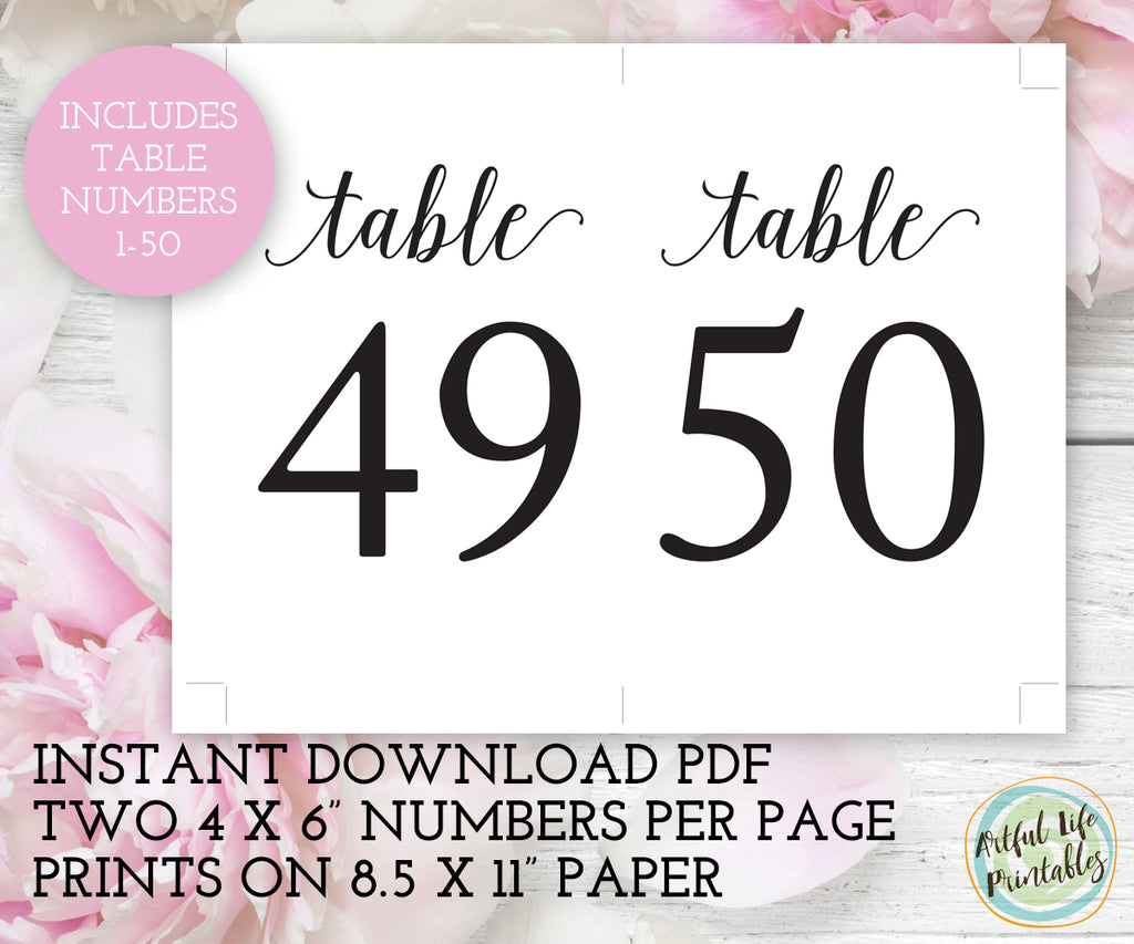 Wedding Table Numbers Printable, Table Numbers 1-50 - Artful Life Designs for Free Large Printable Numbers 1 50