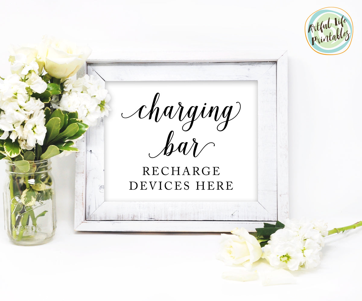 Charging bar sign, mobile device charging station, wedding printable