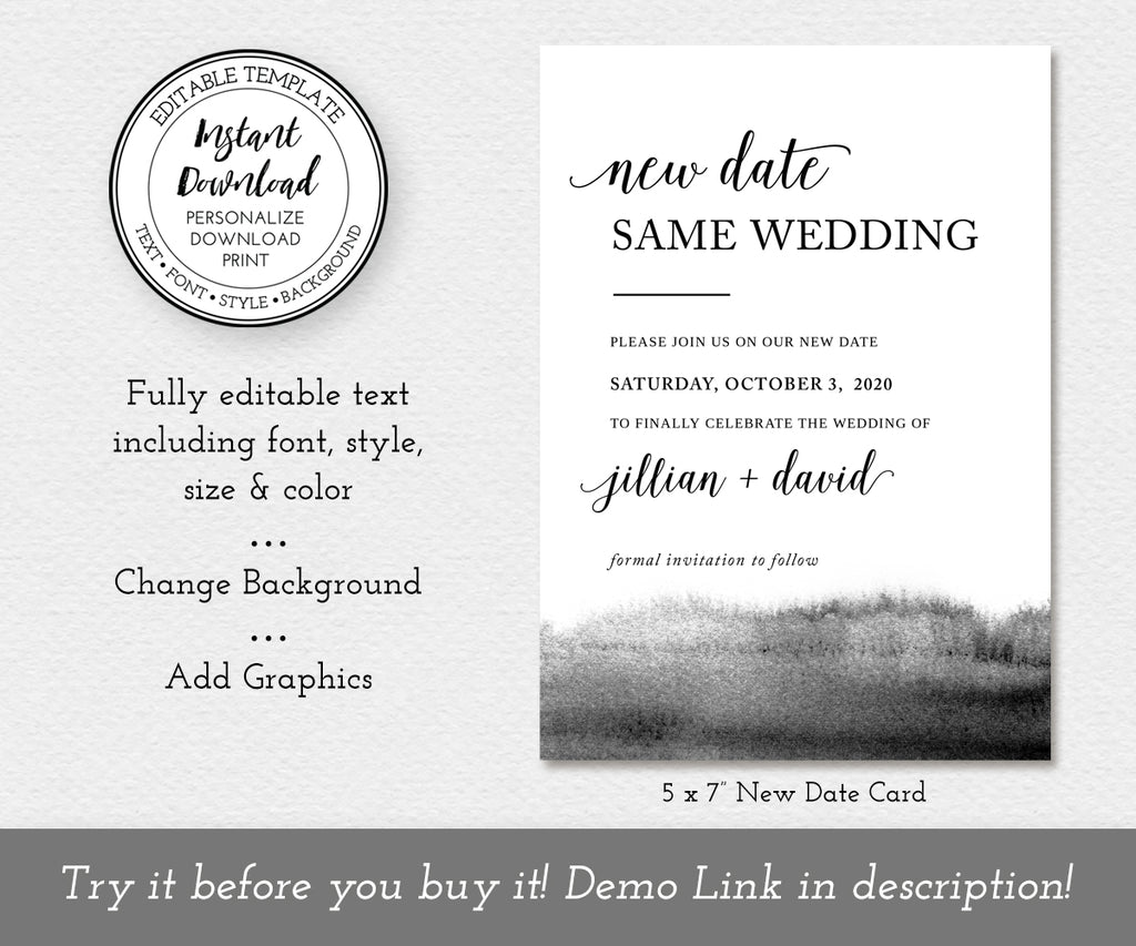 Change of Wedding Date, New Wedding Date, Rescheduled Wedding, Digital Announcement, Editable, Instant Download Template