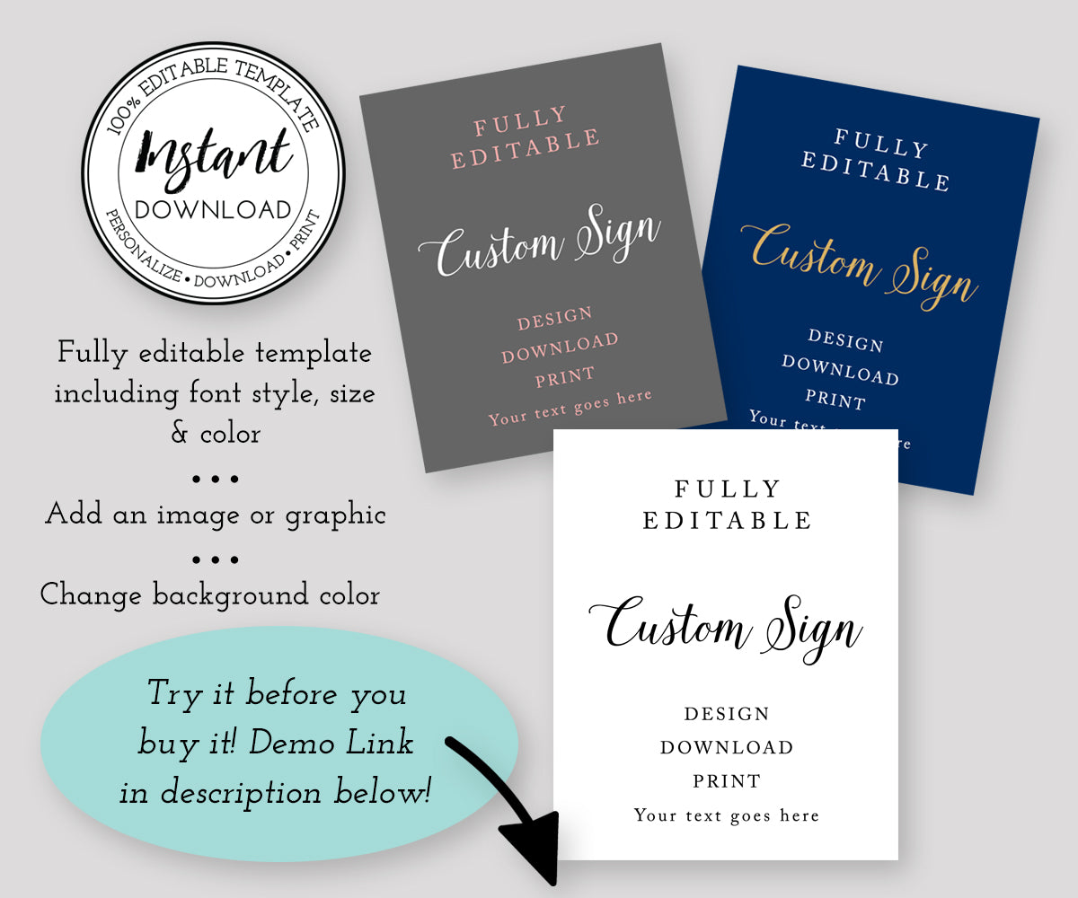 8 x 10" Custom Sign Editable Template for Wedding, Shower or Party
