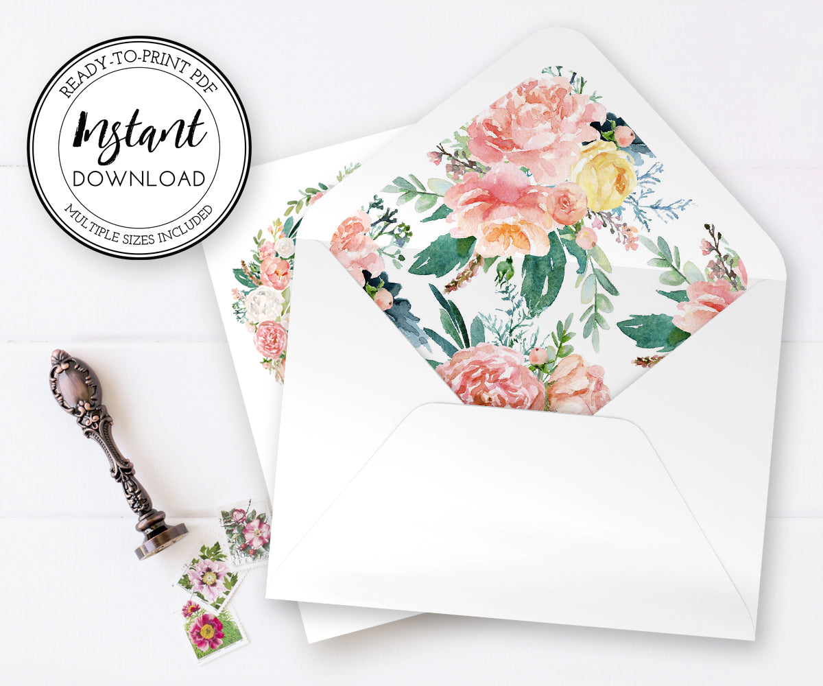 Pink Blush Floral Envelope liners, Instant download PDF, A7.5, A7, A2, A1 or 4 bar, Euro Flap, Square Flap, DIY invitation envelope liners.