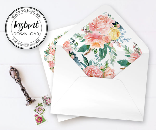 Pink Blush Floral Envelope liners, Instant download PDF, A7.5, A7, A2, A1 or 4 bar, Euro Flap, Square Flap, DIY invitation envelope liners.