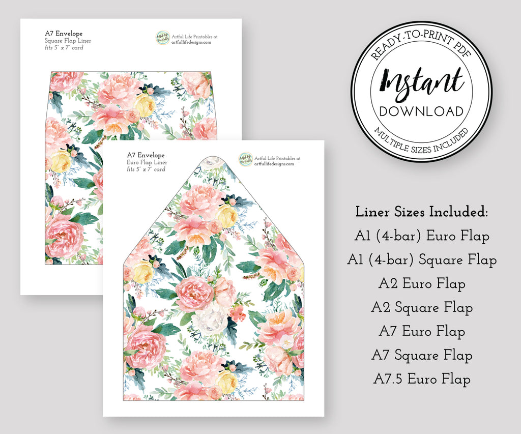 Pink Blush Floral Envelope liners, Instant download PDF, A7.5, A7, A2, A1 or 4 bar, Euro Flap, Square Flap, DIY invitation envelope liners