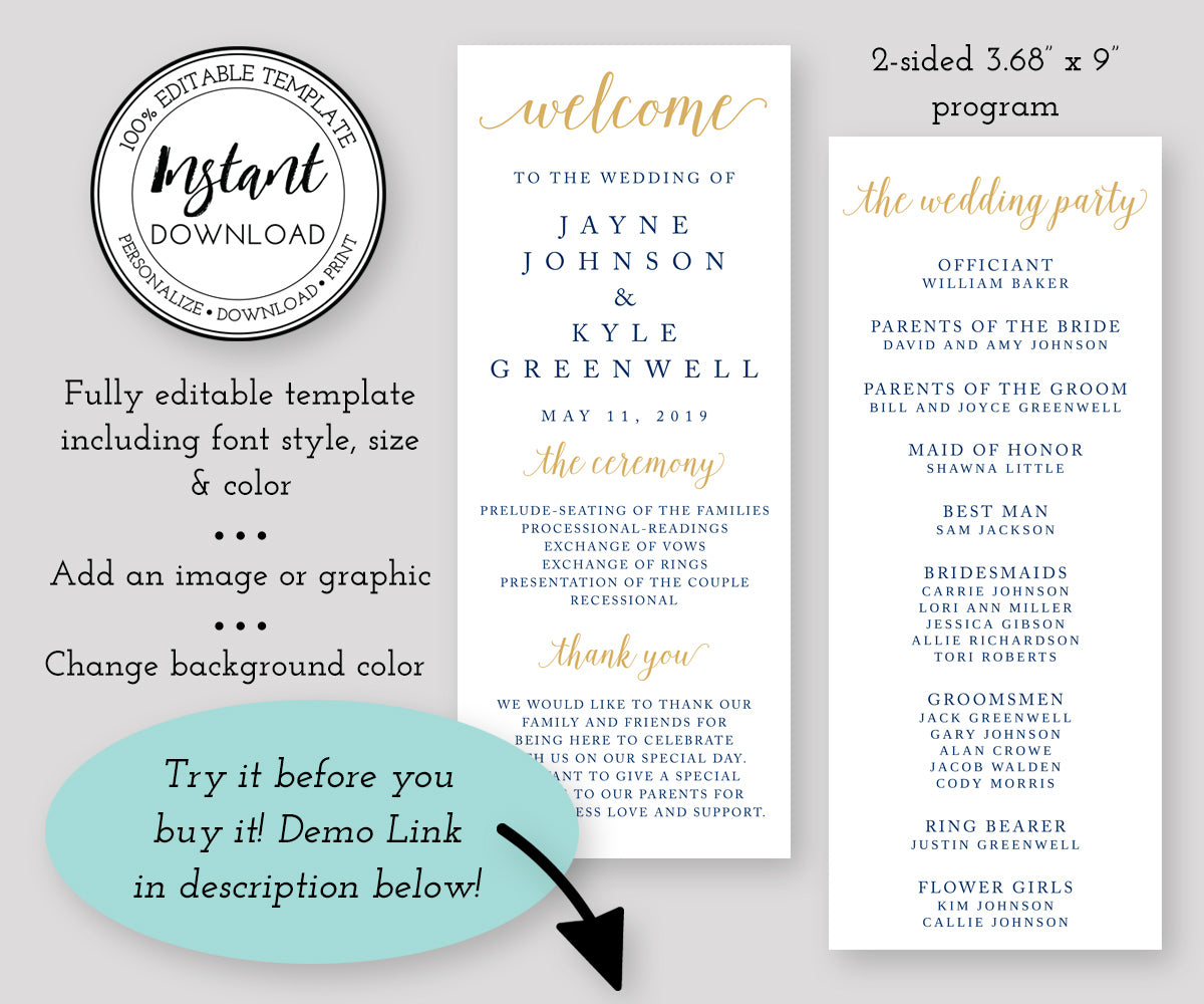 Editable Wedding Program, Wedding Ceremony Card Program Template