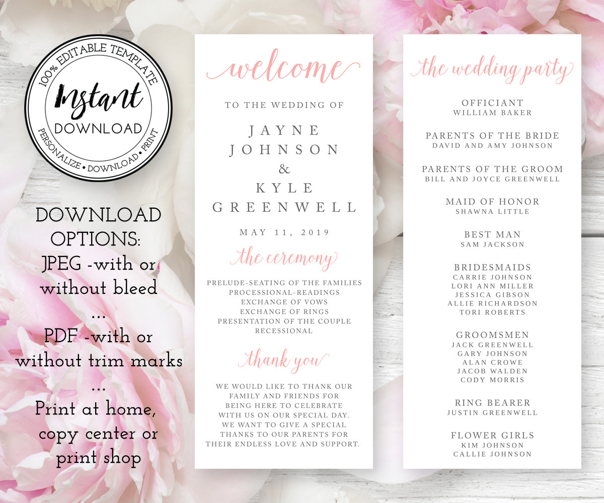 Editable Wedding Program, Wedding Ceremony Card Program Template
