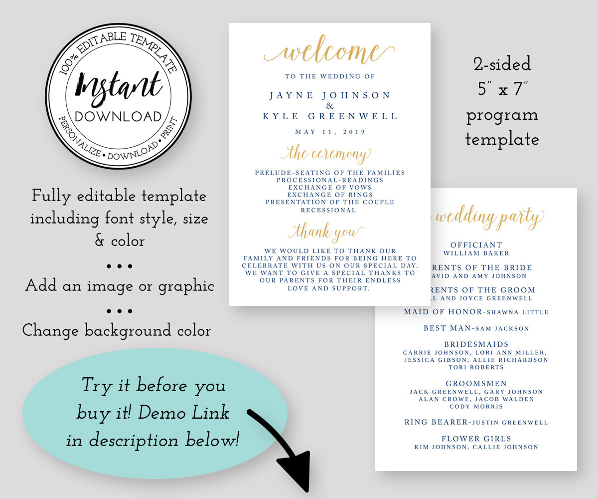 5 x 7 Wedding Program Template, Editable Wedding Program