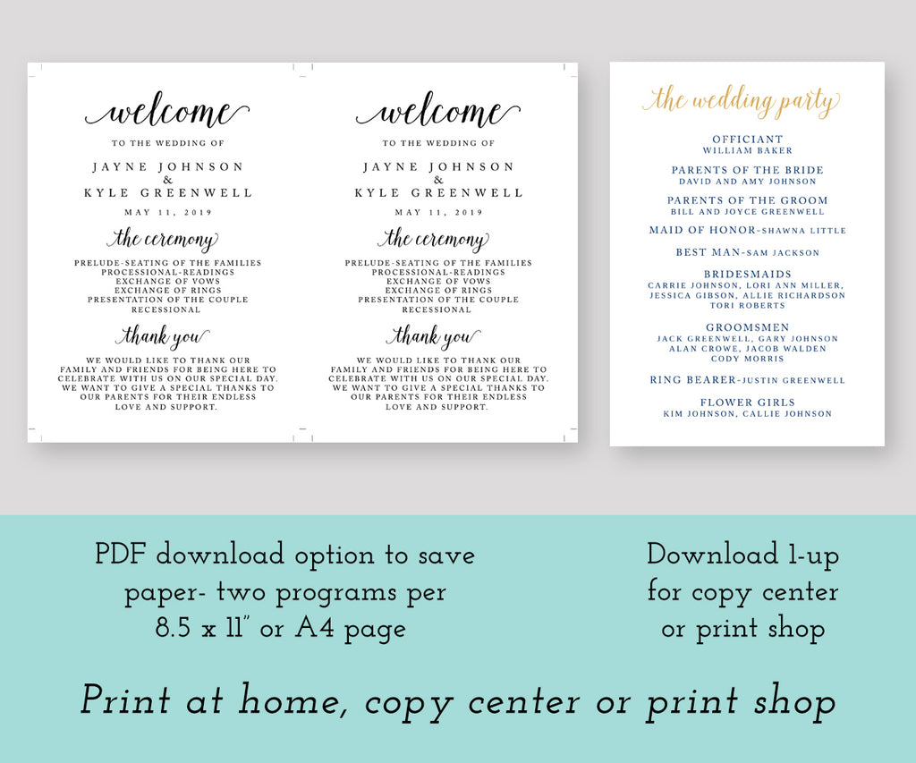 5 x 7 Wedding Program Template, Editable Wedding Program