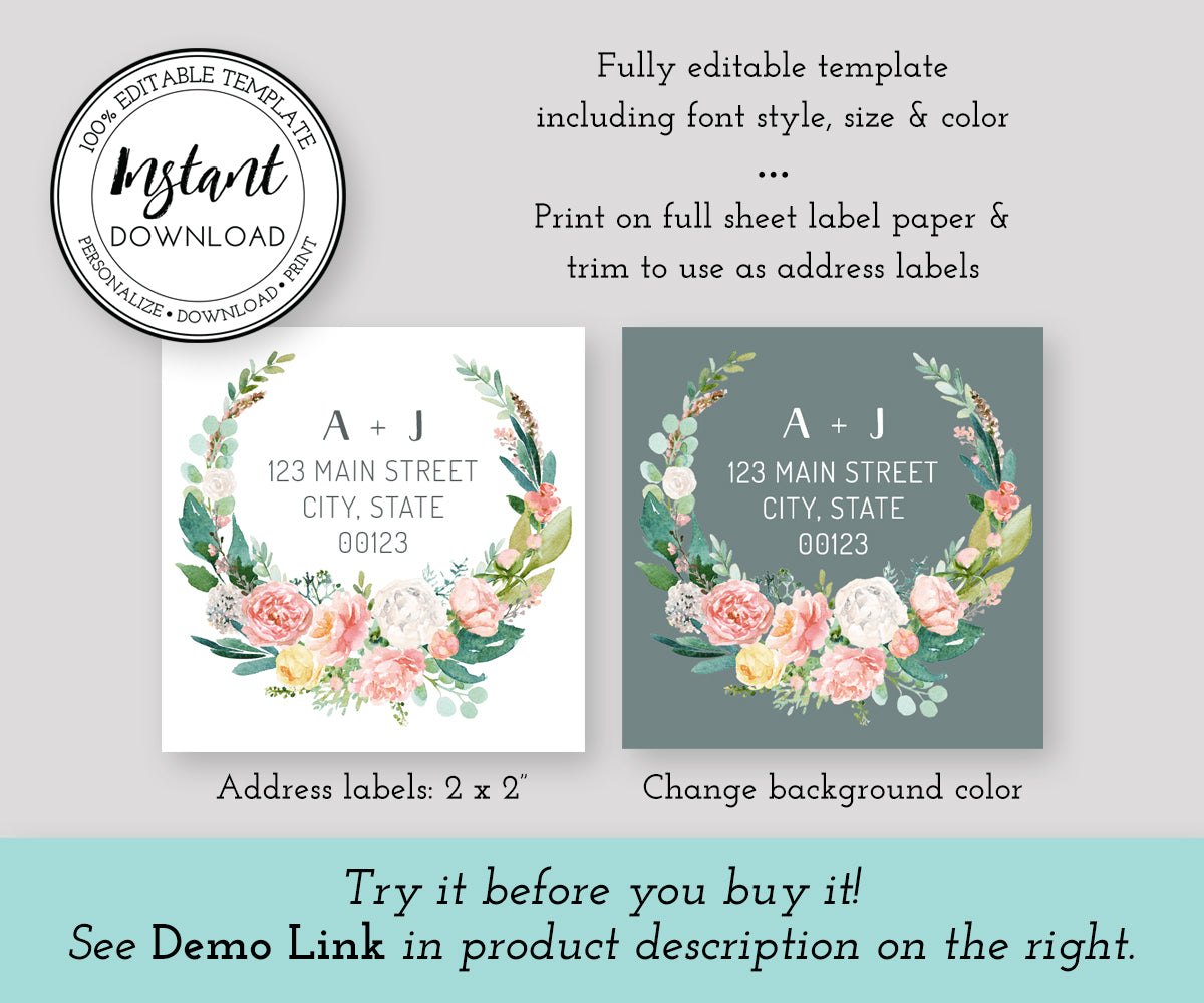 Floral Pink Blush square wedding address labels template