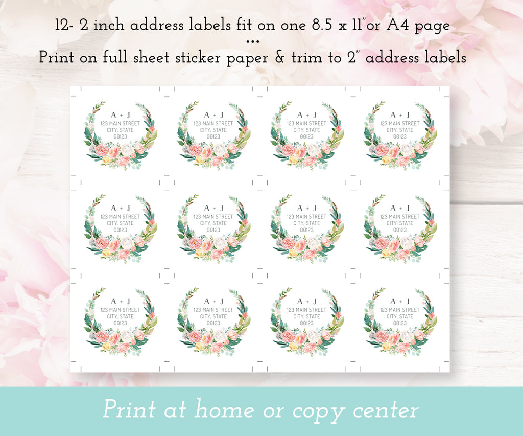 Floral Pink Blush square wedding address labels template full sheet