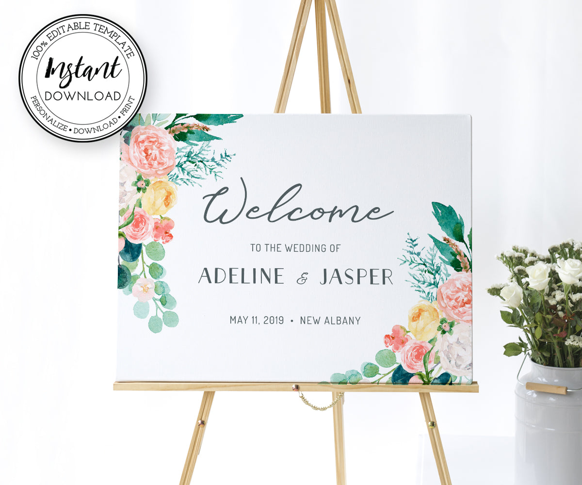 Floral Wedding or Bridal Shower Horizontal Welcome Sign Editable Template
