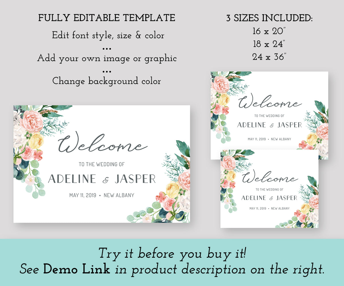 Floral Wedding or Bridal Shower Horizontal Welcome Sign Editable Template