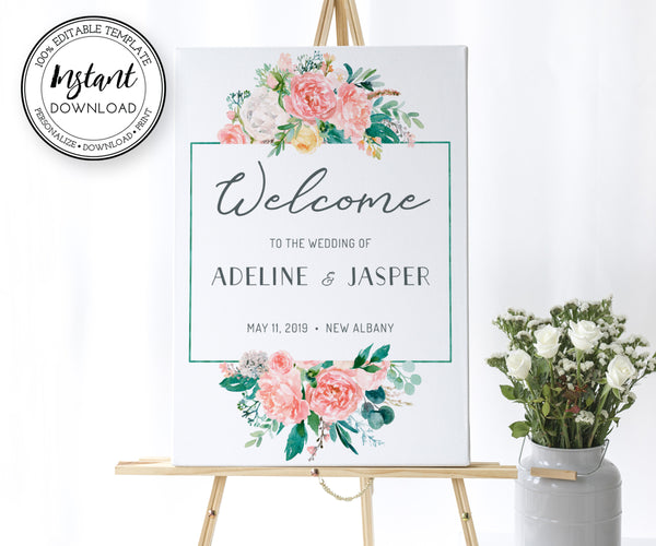 Floral Wedding or Bridal Shower Welcome Sign, Portrait, Vertical, Editable Template