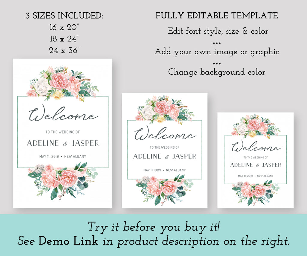 Floral Wedding or Bridal Shower Welcome Sign, Portrait, Vertical, Editable Template 3 sizes