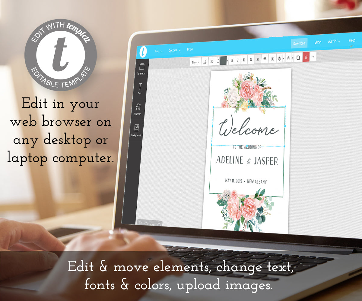 Floral Wedding or Bridal Shower Welcome Sign, how to edit